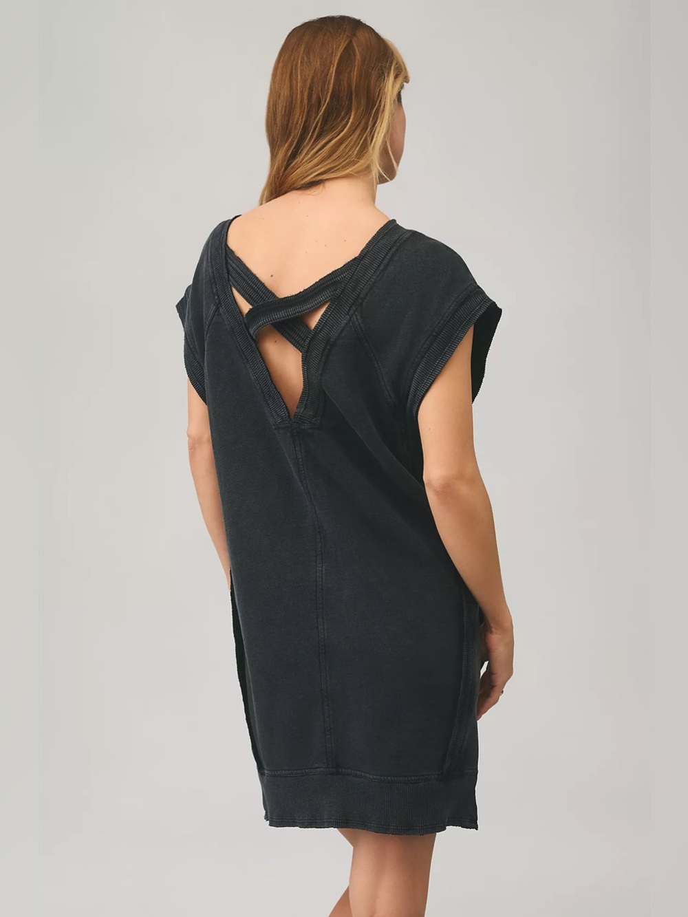 Daily Practice by Anthropologie Lounge Boatneck Boho Washed Black Mini Dress